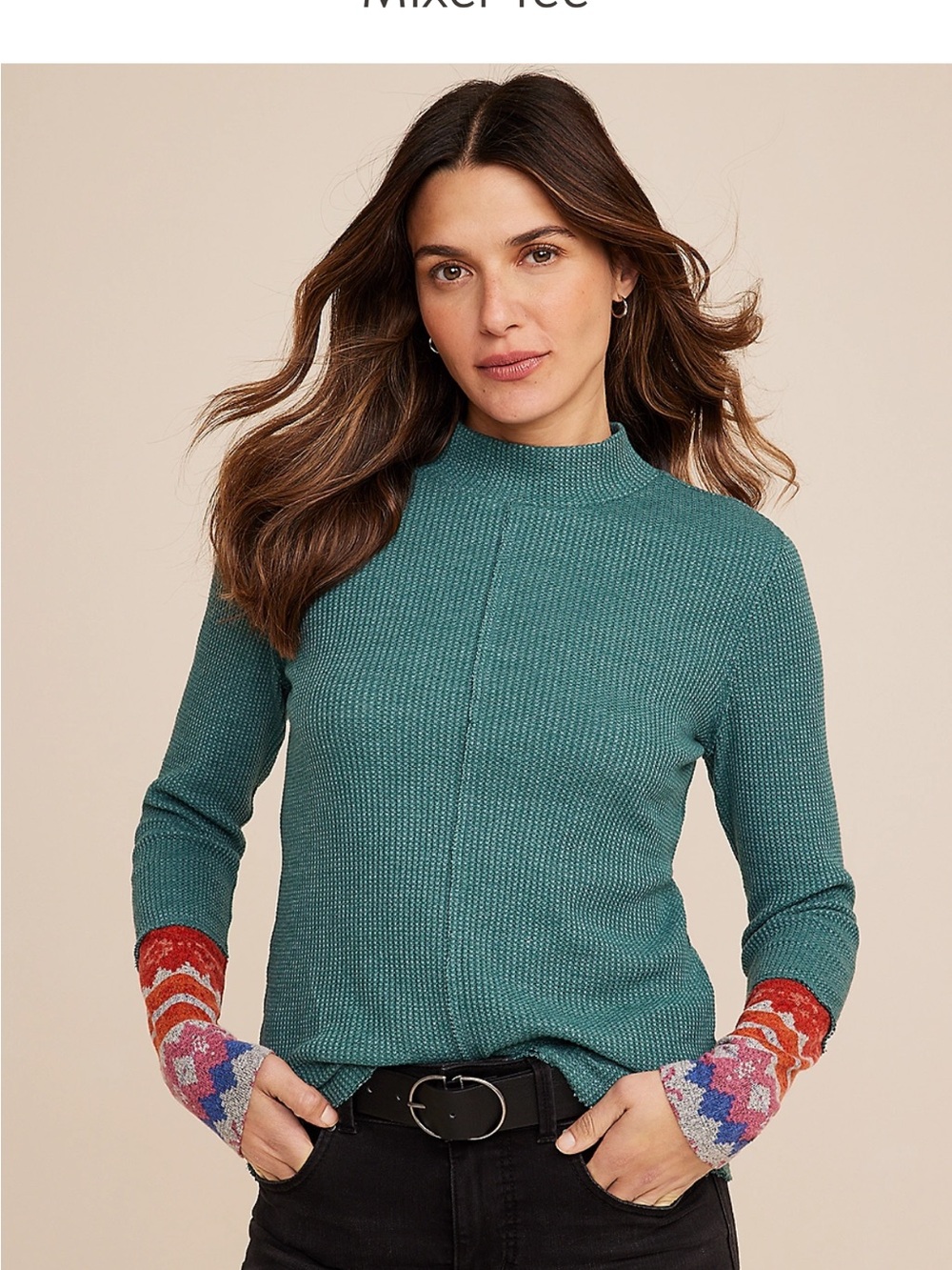 Teal Knit Mock Neck Sweater Thermal Long Sleeve Waffle Knit NEW S Fair Isle Cuff